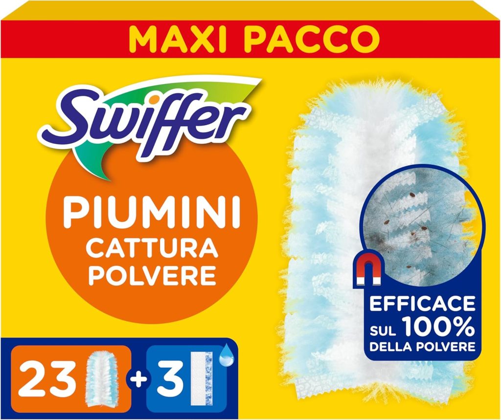 Acquisto singolo: 15,99€ 0,62 € per unità(0,62€ / unità) Resi GRATUITI Consegna GRATUITA domenica, 14 dicembre sul tuo primo ordine. Maggiori informazioni oppure I clienti Prime ottengono consegna GRATUITA domani, 11 dicembre. Ordina entro 3 ore 20 min. Iscriviti a Prime Arriva 14 giorni prima di Natale Invia a Everton - Frosinone 03100‌ Disponibilità immediata Quantità: 1 Quantità:1 Aggiungi al carrello Acquista ora Speditore / Venditore Amazon Resi Restituibile fino al 31 gennaio 2026 o entro 30 giorni dal ricevimento (a seconda di quale delle due condizioni si verifica dopo) Garanzia legale Disponibile Pagamento Transazione sicura Scopri di più Acquisto periodico Offerta iscriviti e risparmia. 15,19€ 0,58 € per unità(0,58€ / unità) Consegna GRATUITA domenica, 14 dicembre sul tuo primo ordine Speditore / Venditore Amazon Aggiungi alla Lista VIDEO Swiffer Duster 2025 Chiedi a Rufus Quali superfici può pulire? È usa e getta? È facile da usare? Chiedi qualcos'altro Sicurezza prodotto Contiene metilcloroisotiazolinone/metilisotiazolinone. Può provocare una reazione allergica. Swiffer Duster Piumini Cattura Polvere, 23 Piumini e 3 Panni Lavapavimenti